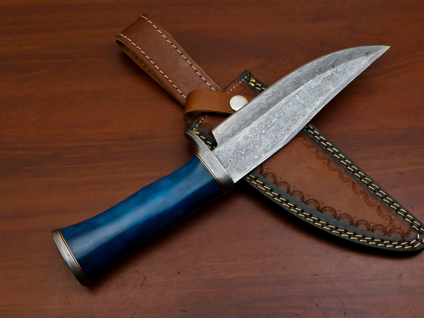 Heritage Forge Custom Damascus Bowie Knife with Stained Camel Bone Handle