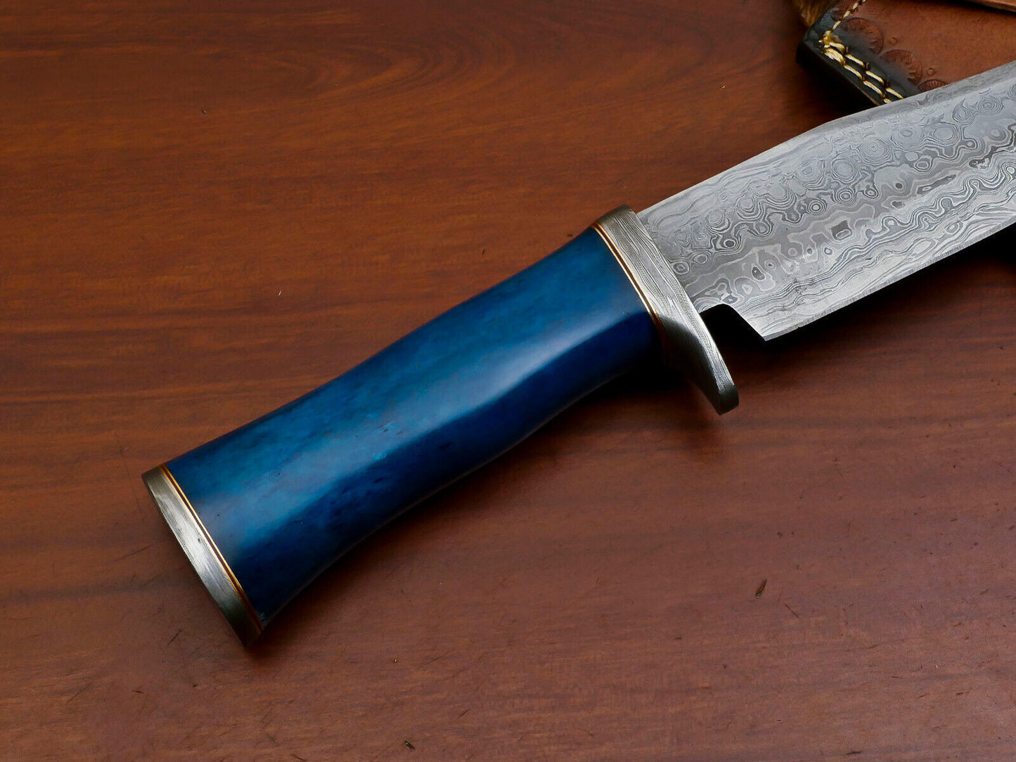 Heritage Forge Custom Damascus Bowie Knife with Stained Camel Bone Handle