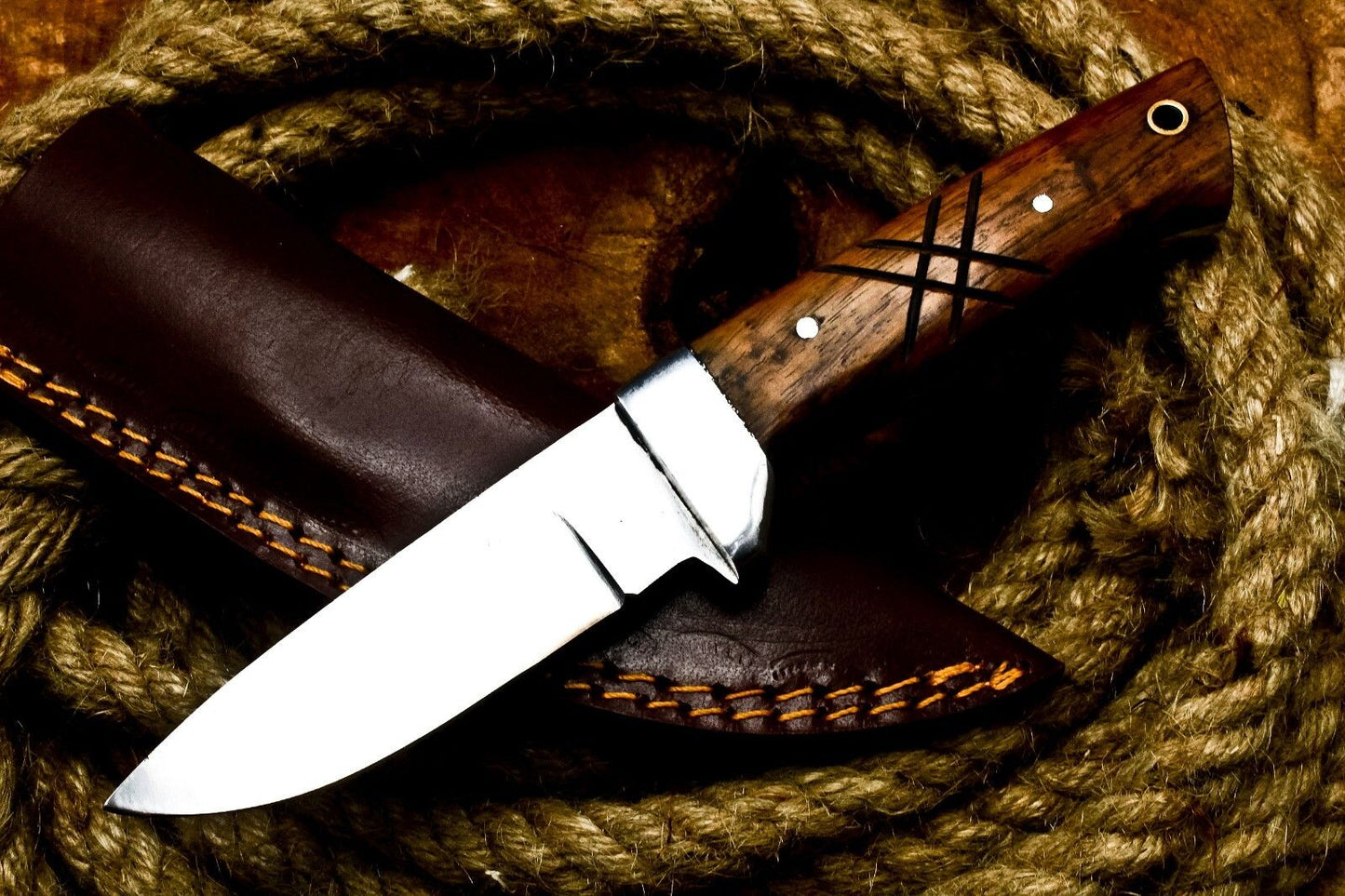 8" Handmade D2 Steel Skinner Knife | Wood Handle Full Tang Hunting EDC + Sheath