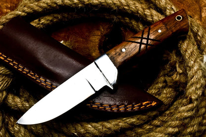 8" Handmade D2 Steel Skinner Knife | Wood Handle Full Tang Hunting EDC + Sheath