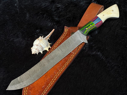 13" Twist Damascus Steel Bowie Knife – Camel Bone & Wood Handle