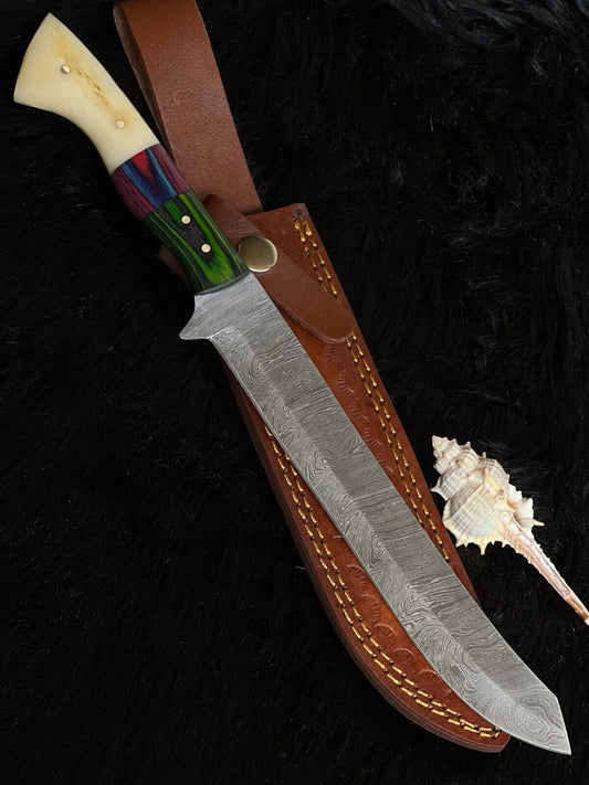 13" Twist Damascus Steel Bowie Knife – Camel Bone & Wood Handle