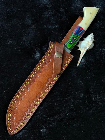 13" Twist Damascus Steel Bowie Knife – Camel Bone & Wood Handle