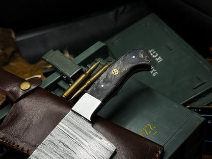 Handmade Damascus Steel Hunting & Kitchen Cleaver – Wood Handle with Premium Cow Leather Sheath