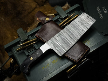Handmade Damascus Steel Hunting & Kitchen Cleaver – Wood Handle with Premium Cow Leather Sheath