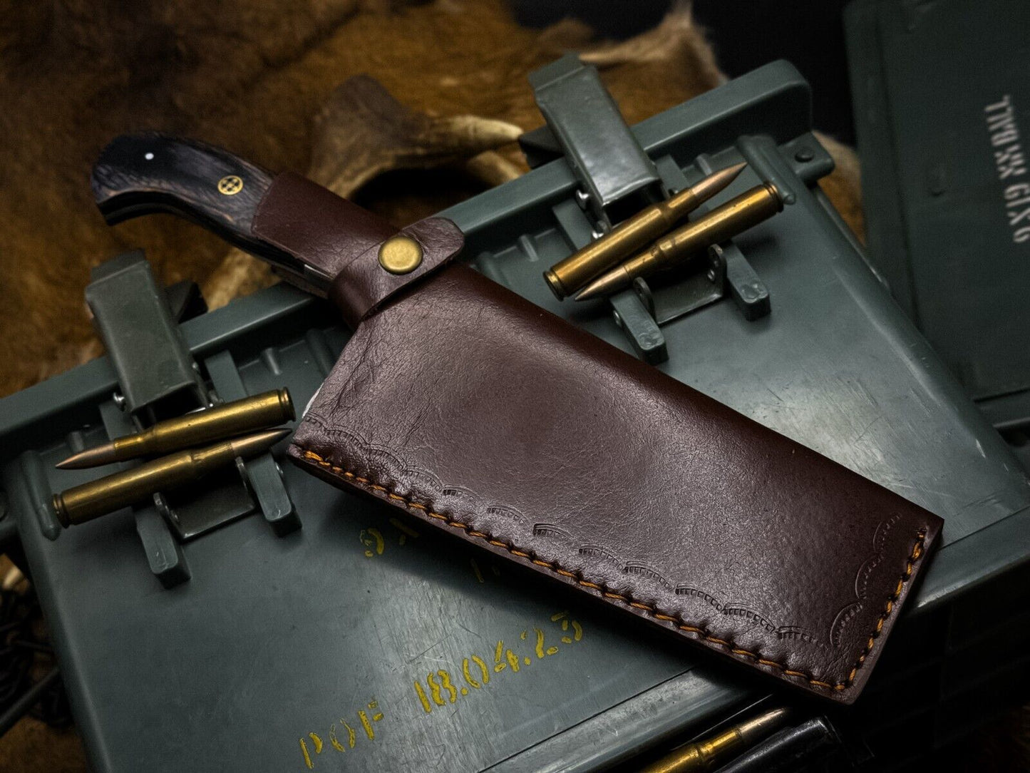 Handmade Damascus Steel Hunting & Kitchen Cleaver – Wood Handle with Premium Cow Leather Sheath