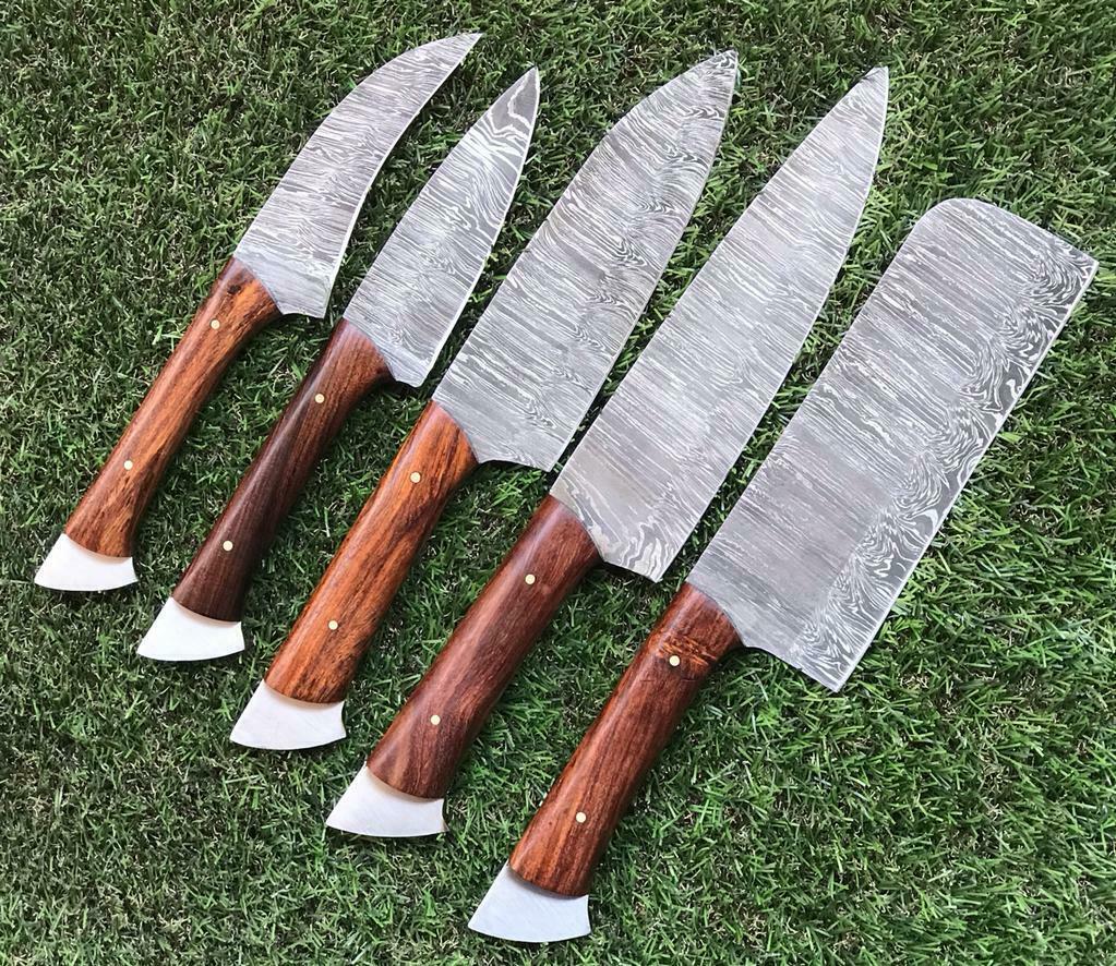 Custom Handmade Twist Damascus Steel Chef Knife Set – 5PC with Walnut Wood Handle
