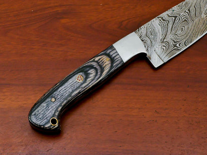 Handmade Damascus Chef Knife – Full Tang 12" with Hardwood Handle & Steel Bolster