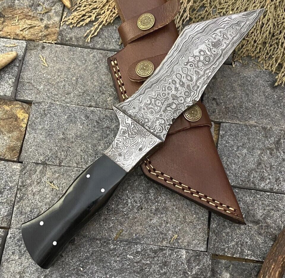 Handmade Bushcraft Tracker Hunting Knife – Hand Forged Damascus Steel with Bull Horn Handle & Leather Sheath