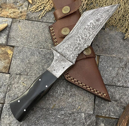 Handmade Bushcraft Tracker Hunting Knife – Hand Forged Damascus Steel with Bull Horn Handle & Leather Sheath