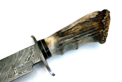 15.6" Damascus Steel Bowie Knife – Stag Horn Handle with Leather Sheath