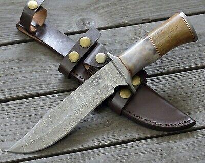 12" Damascus Bowie Knife with Camel Bone & Wood Handle – Handmade Full Tang Hunting Knife