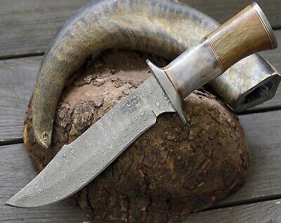 12" Damascus Bowie Knife with Camel Bone & Wood Handle – Handmade Full Tang Hunting Knife