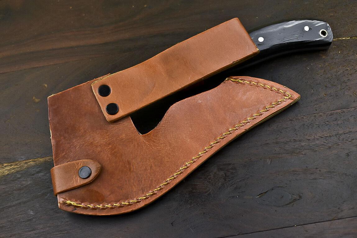 Fixed Blade Damascus Steel Hunting Axe Knife Ram's Horn Handle Clever Chopper with Leather Sheath