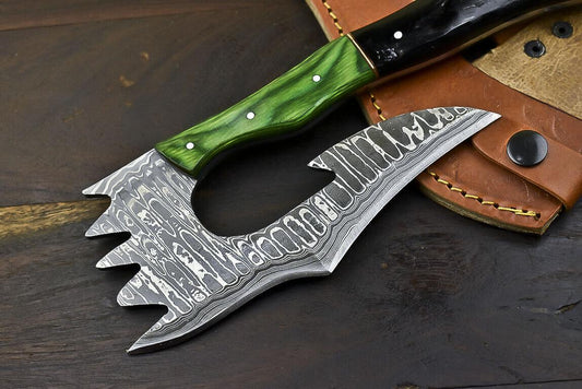 Fixed Blade Damascus Steel Hunting Axe Knife Ram's Horn Handle Clever Chopper with Leather Sheath