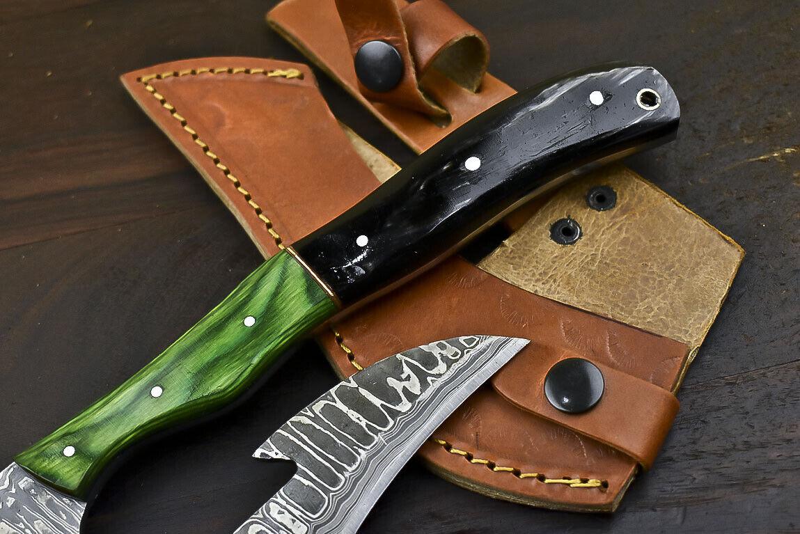 Fixed Blade Damascus Steel Hunting Axe Knife Ram's Horn Handle Clever Chopper with Leather Sheath