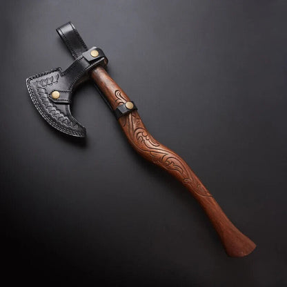 Damascus Steel Viking Axe | Custom Handmade Gift Axe with Rose Wood Handle and Leather Sheath