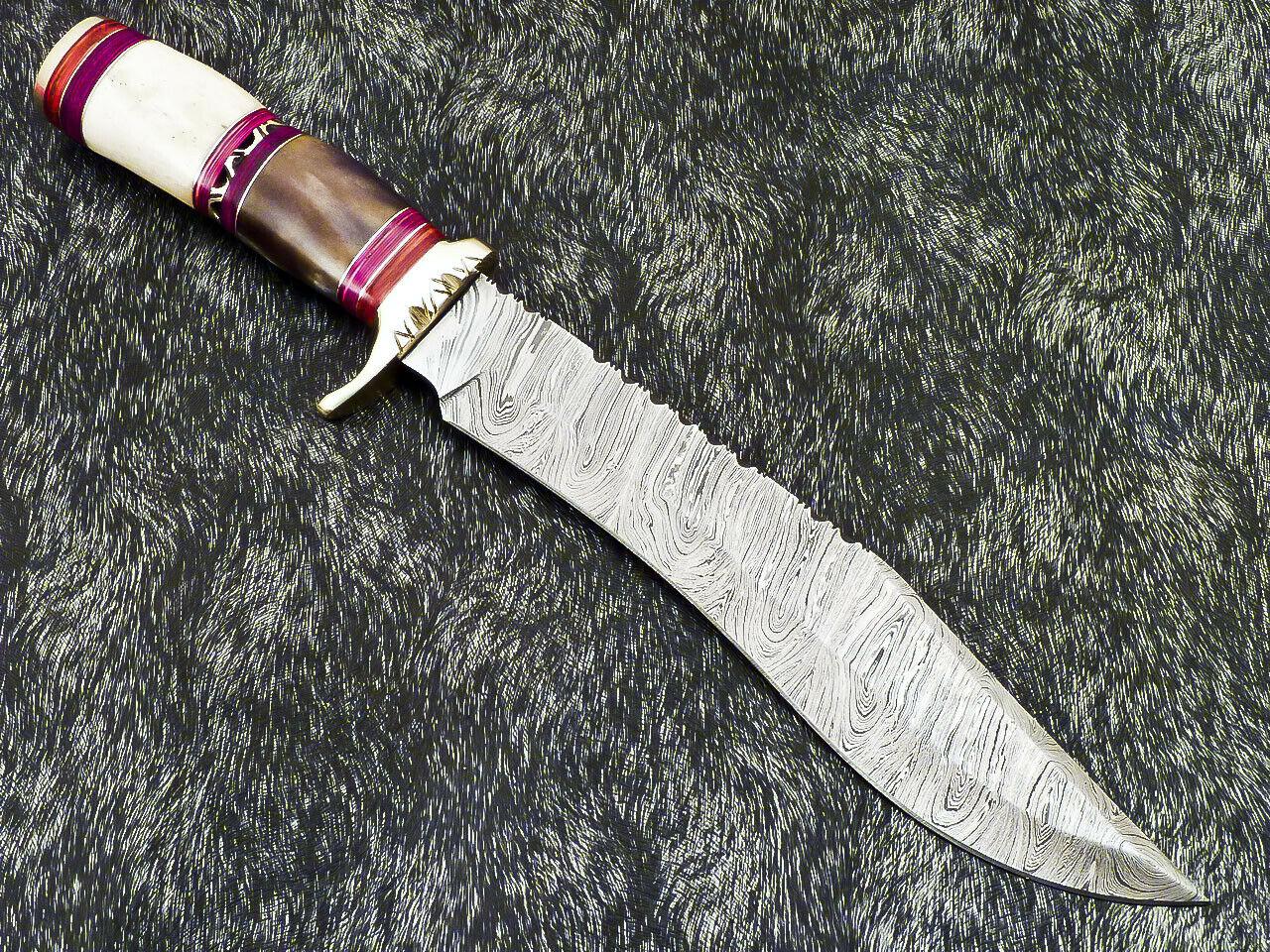 Authentic 14.5" Handmade Damascus Bowie Hunting Knife – Camel Bone Handle with Leather Sheath
