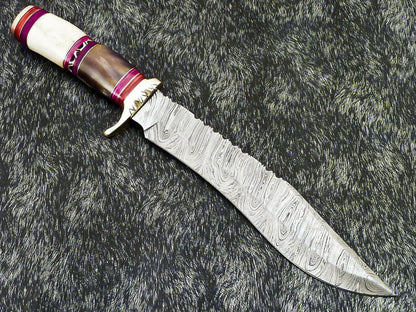 Authentic 14.5" Handmade Damascus Bowie Hunting Knife – Camel Bone Handle with Leather Sheath