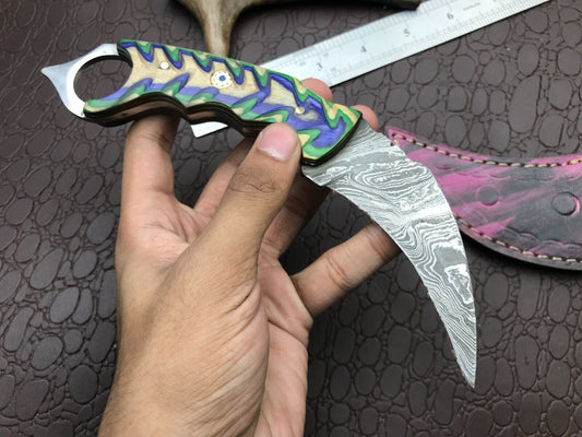 Handmade Damascus Karambit 8" Best Damascus Steel Karambit Knife with Wood Handle