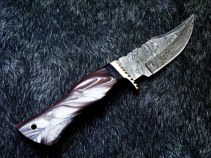8" Custom Damascus Bowie Knife – Resin Handle with Brass Bolster