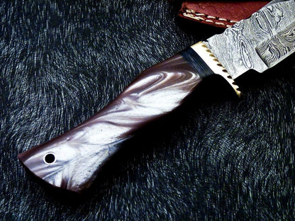 8" Custom Damascus Bowie Knife – Resin Handle with Brass Bolster