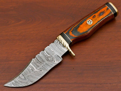 8" Damascus Bowie Hunting Knife – Pakka Wood Handle with Brass Guard