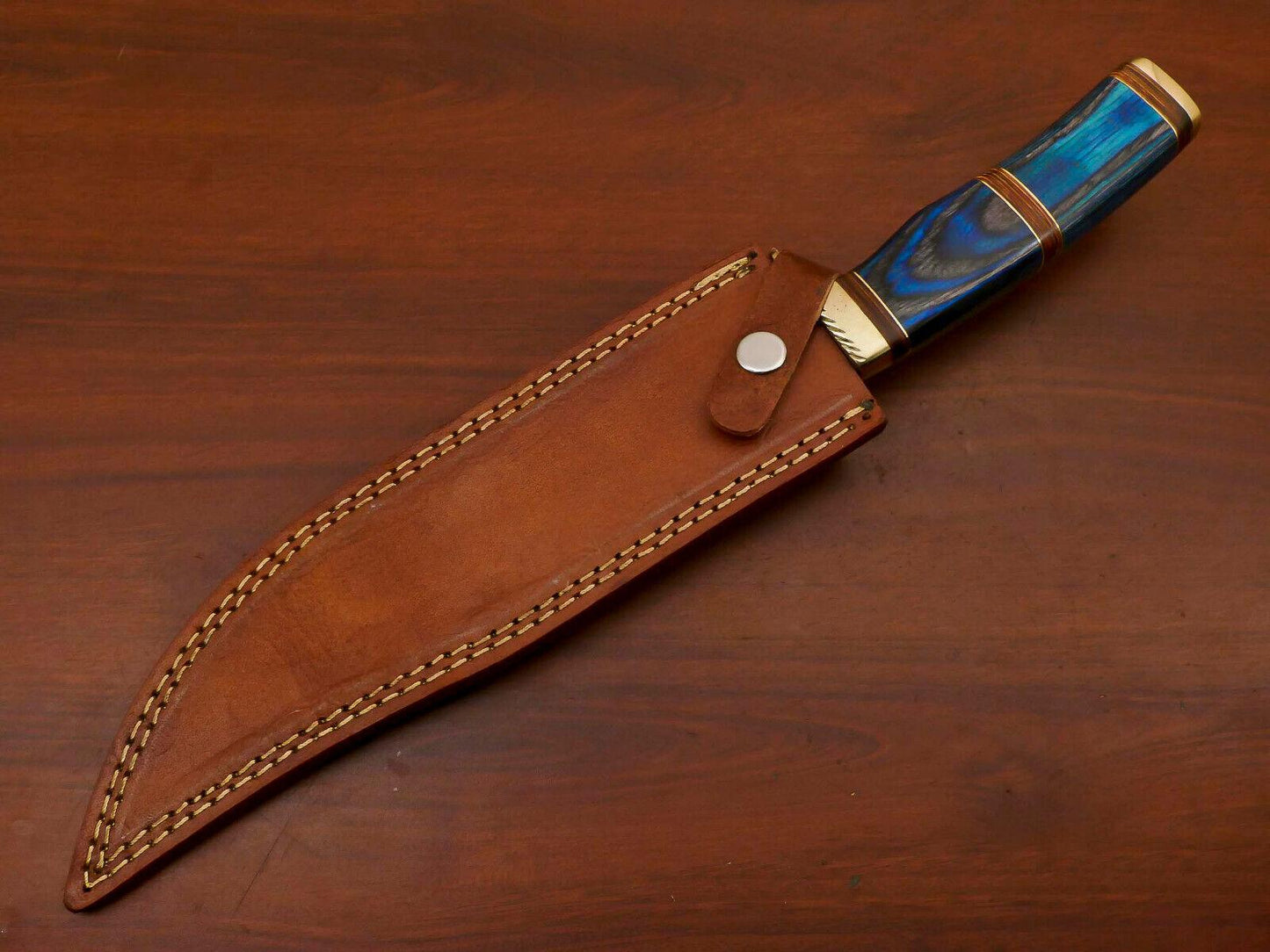 14" Damascus Steel Bowie Knife – Hardwood Handle & Brass Guard