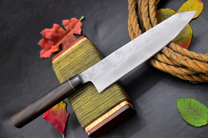 Custom Hammered Spring Steel 5160 Fixed Blade Chef Kitchen Knife with Walnut & Horn Handle