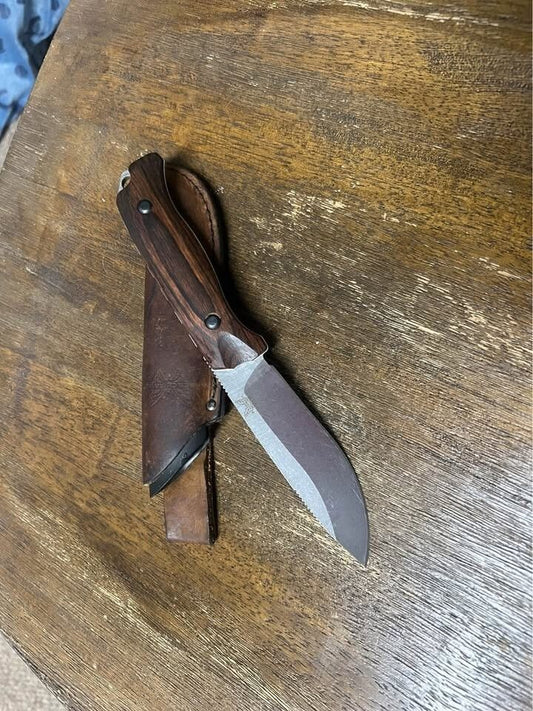 Skinner Fixed Blade Knife – 5" Drop Point Stainless Steel, Stabilized Wood Handle, Leather Sheath