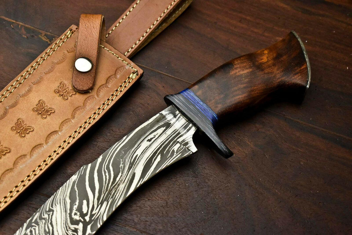 15" Custom Damascus Steel Bowie Knife – Walnut Wood Handle & Leather Sheath