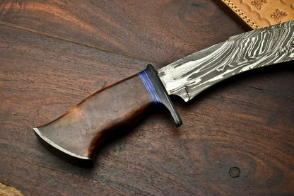 15" Custom Damascus Steel Bowie Knife – Walnut Wood Handle & Leather Sheath
