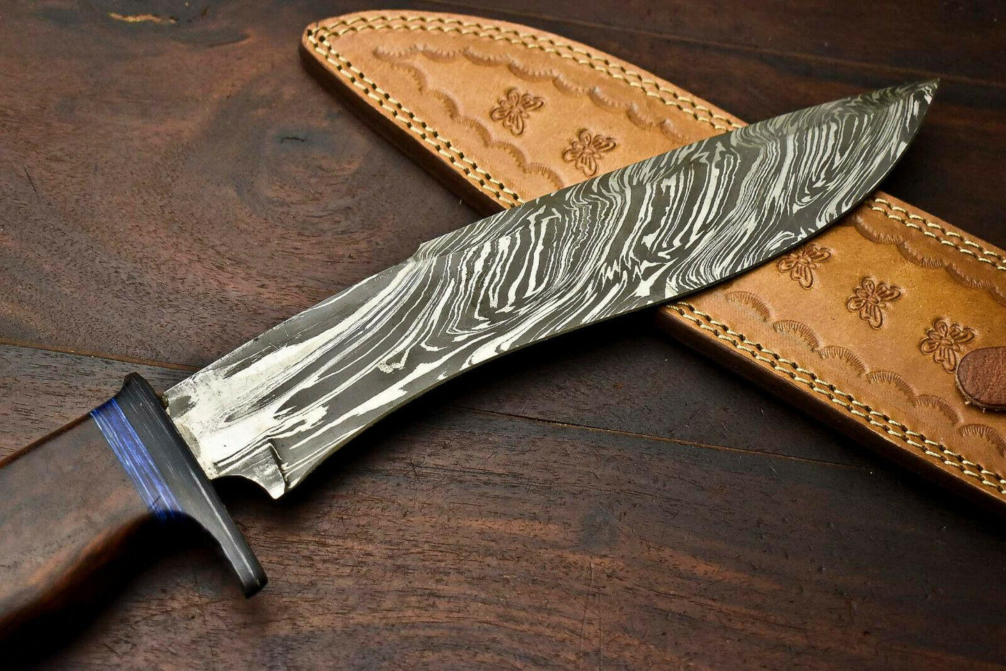 15" Custom Damascus Steel Bowie Knife – Walnut Wood Handle & Leather Sheath