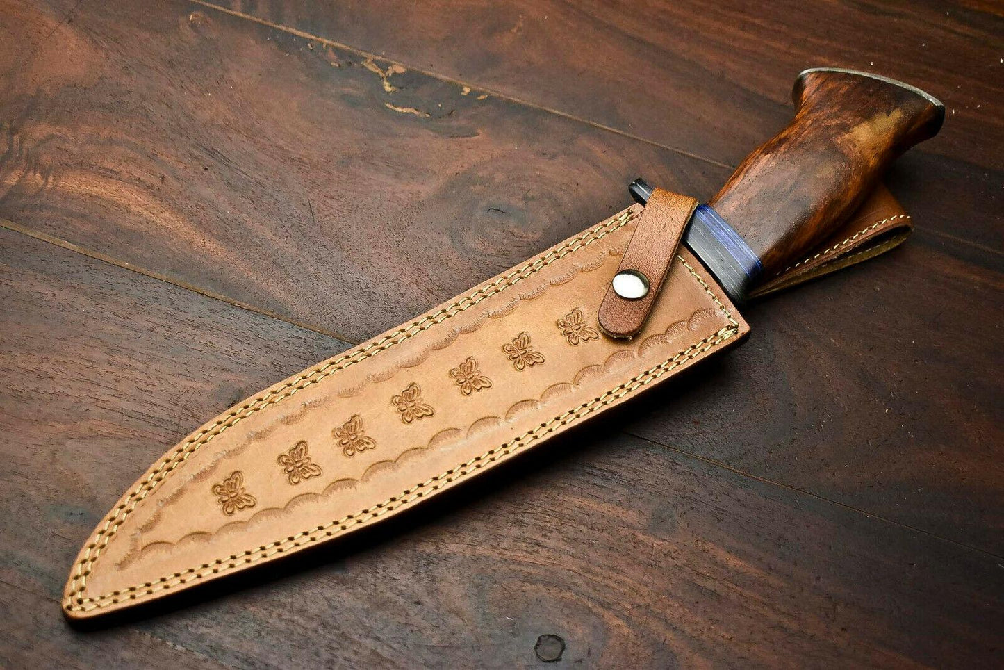 15" Custom Damascus Steel Bowie Knife – Walnut Wood Handle & Leather Sheath