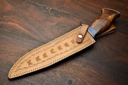 15" Custom Damascus Steel Bowie Knife – Walnut Wood Handle & Leather Sheath