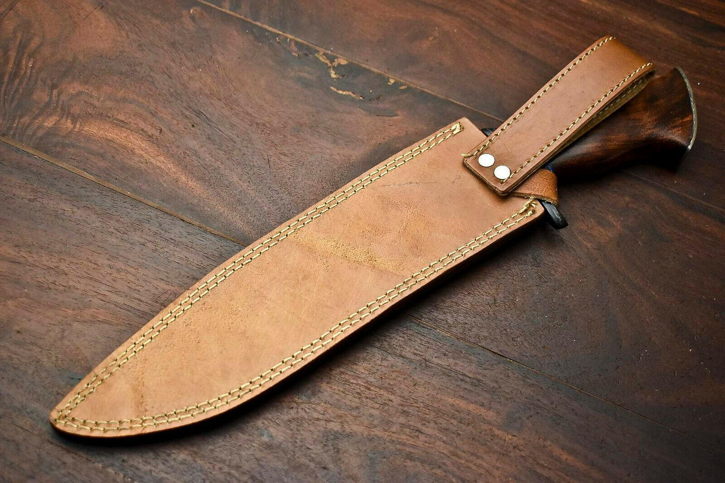 15" Custom Damascus Steel Bowie Knife – Walnut Wood Handle & Leather Sheath