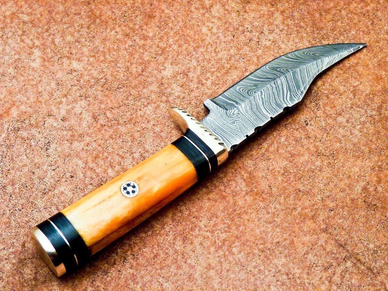 Damascus Bowie Knife – 8" Stained Camel Bone & Wood Handle