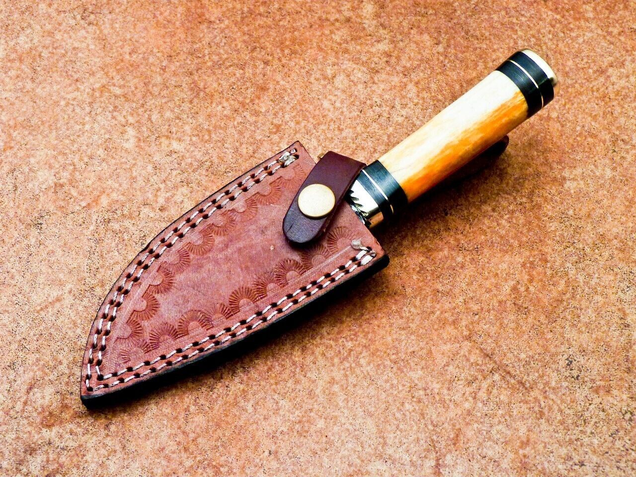 Damascus Bowie Knife – 8" Stained Camel Bone & Wood Handle
