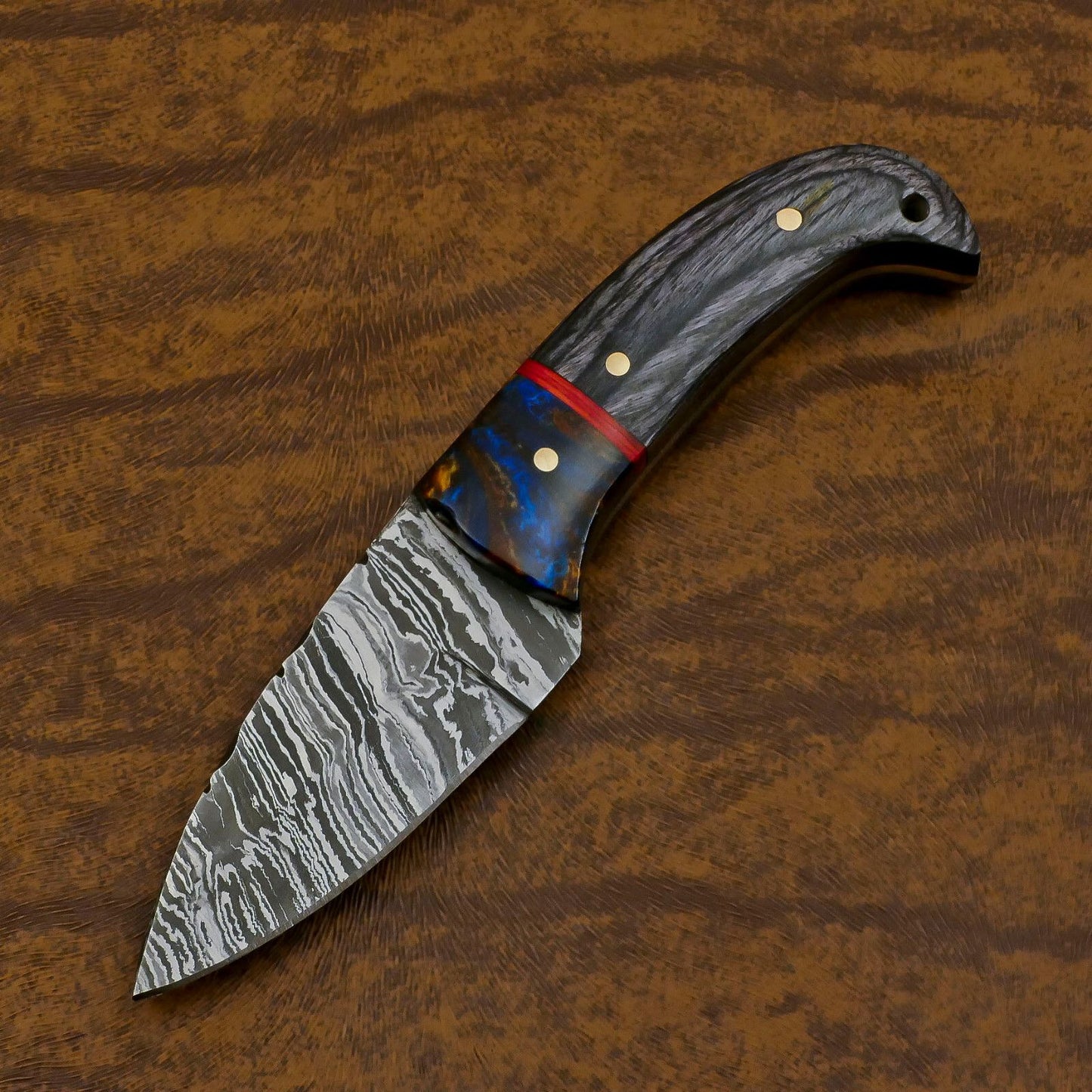 Handmade Damascus Steel Resin Wood EDC Skinner Knife – Custom Compact Hunting Blade