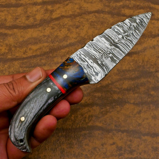 Handmade Damascus Steel Resin Wood EDC Skinner Knife – Custom Compact Hunting Blade