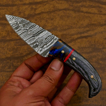 Handmade Damascus Steel Resin Wood EDC Skinner Knife – Custom Compact Hunting Blade