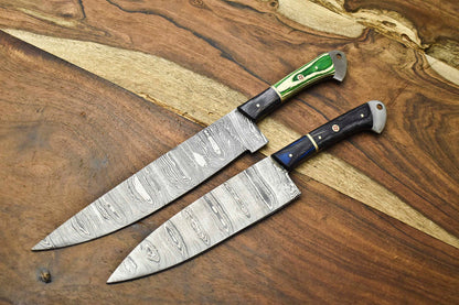 Lot Of 2 Handmade Damascus Blade Full Tang Chef Set Knife