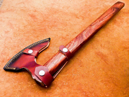 Hand Forged Carbon Steel Viking Bearded Axe 18" Hatchet Tomahawk with Wood Handle and Leather Sheath