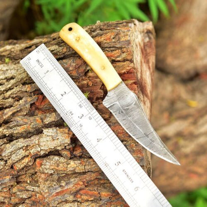 Mini Fixed Blade Damascus Skinner Knife with Camel Bone Handle and Leather Sheath