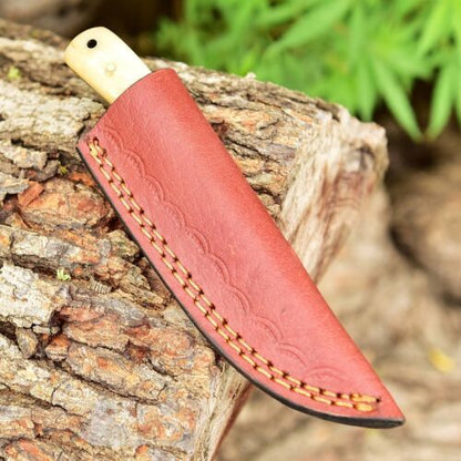 Mini Fixed Blade Damascus Skinner Knife with Camel Bone Handle and Leather Sheath