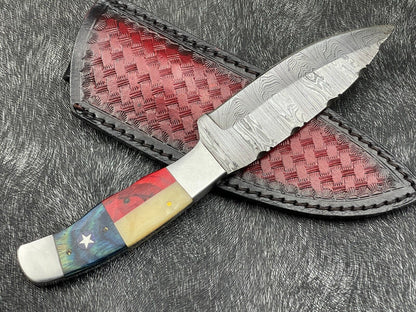 9 Inch Damascus Steel Skinning Bowie Knife with Texas Flag Handle