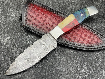 9 Inch Damascus Steel Skinning Bowie Knife with Texas Flag Handle