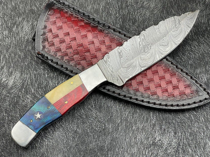 9 Inch Damascus Steel Skinning Bowie Knife with Texas Flag Handle