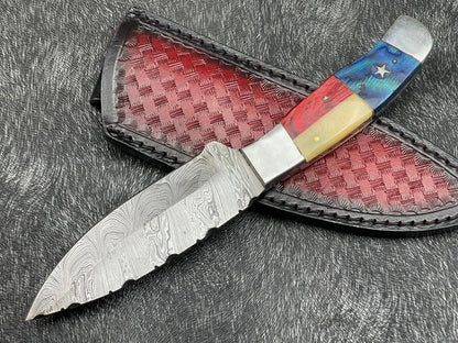 9 Inch Damascus Steel Skinning Bowie Knife with Texas Flag Handle