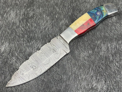 9 Inch Damascus Steel Skinning Bowie Knife with Texas Flag Handle
